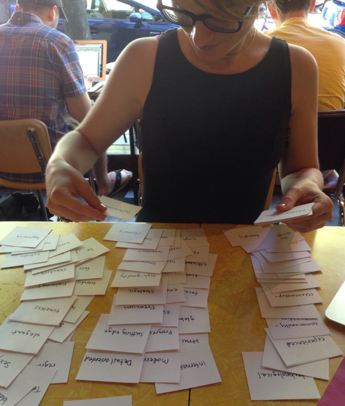 Carrie Jones, CMX Media's Director of Content, doing a card sorting exercise to figure out CMX's voice and tone and message architecture.